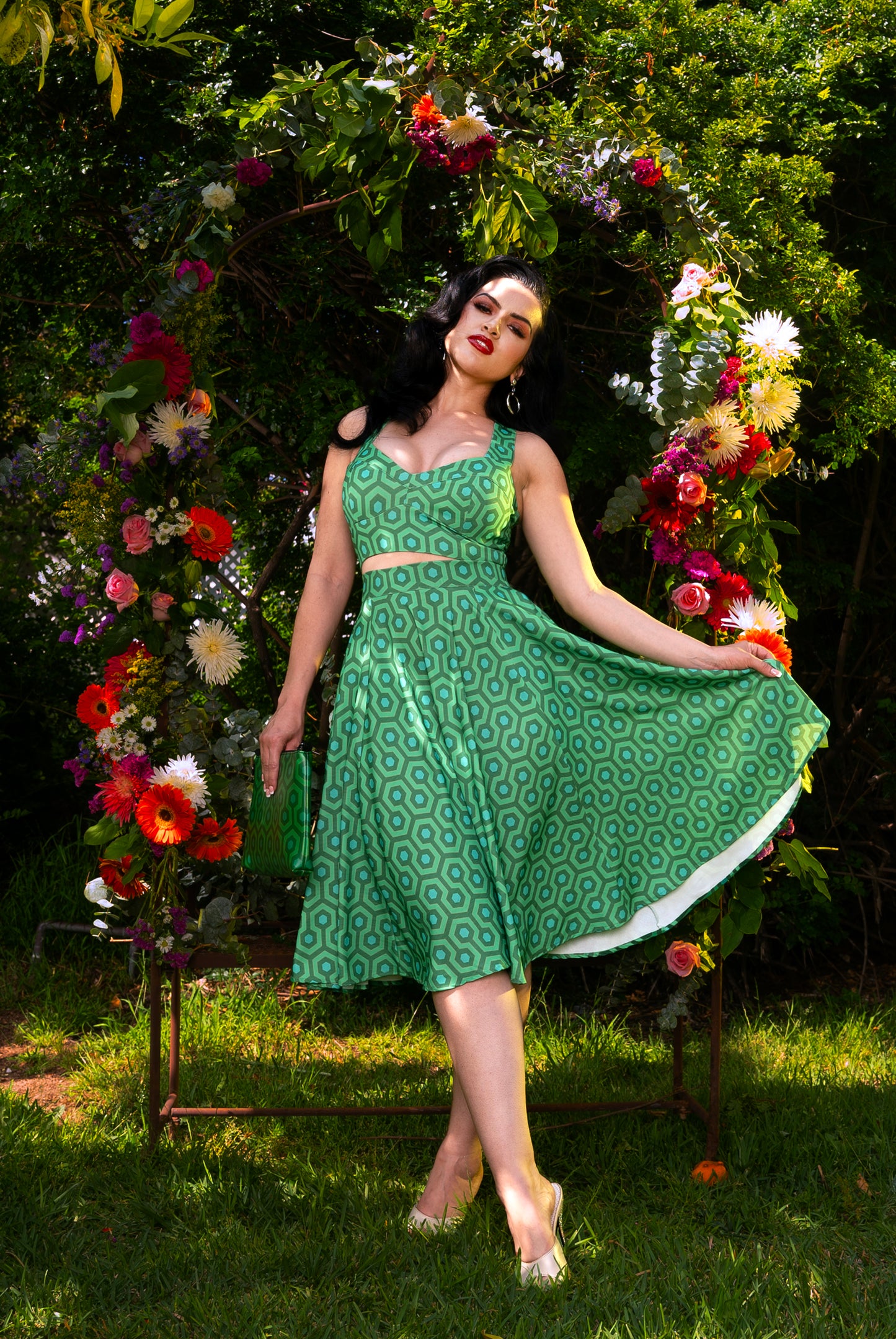 Pre Order - Capri Swing Skirt in Green Hexagon Print Crepe | Amore Stella