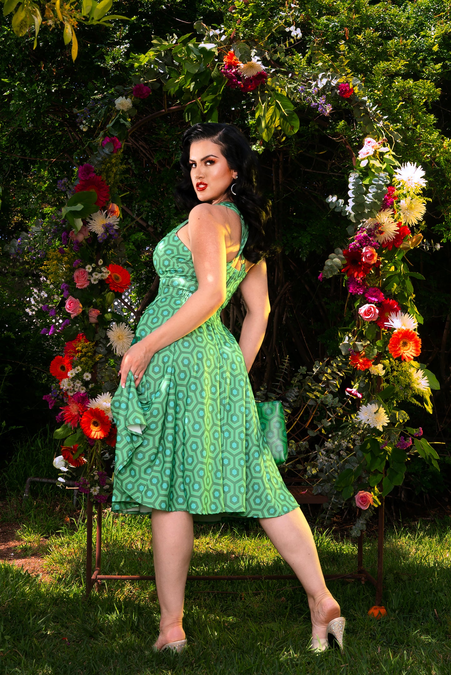 Pre Order - Capri Swing Skirt in Green Hexagon Print Crepe | Amore Stella