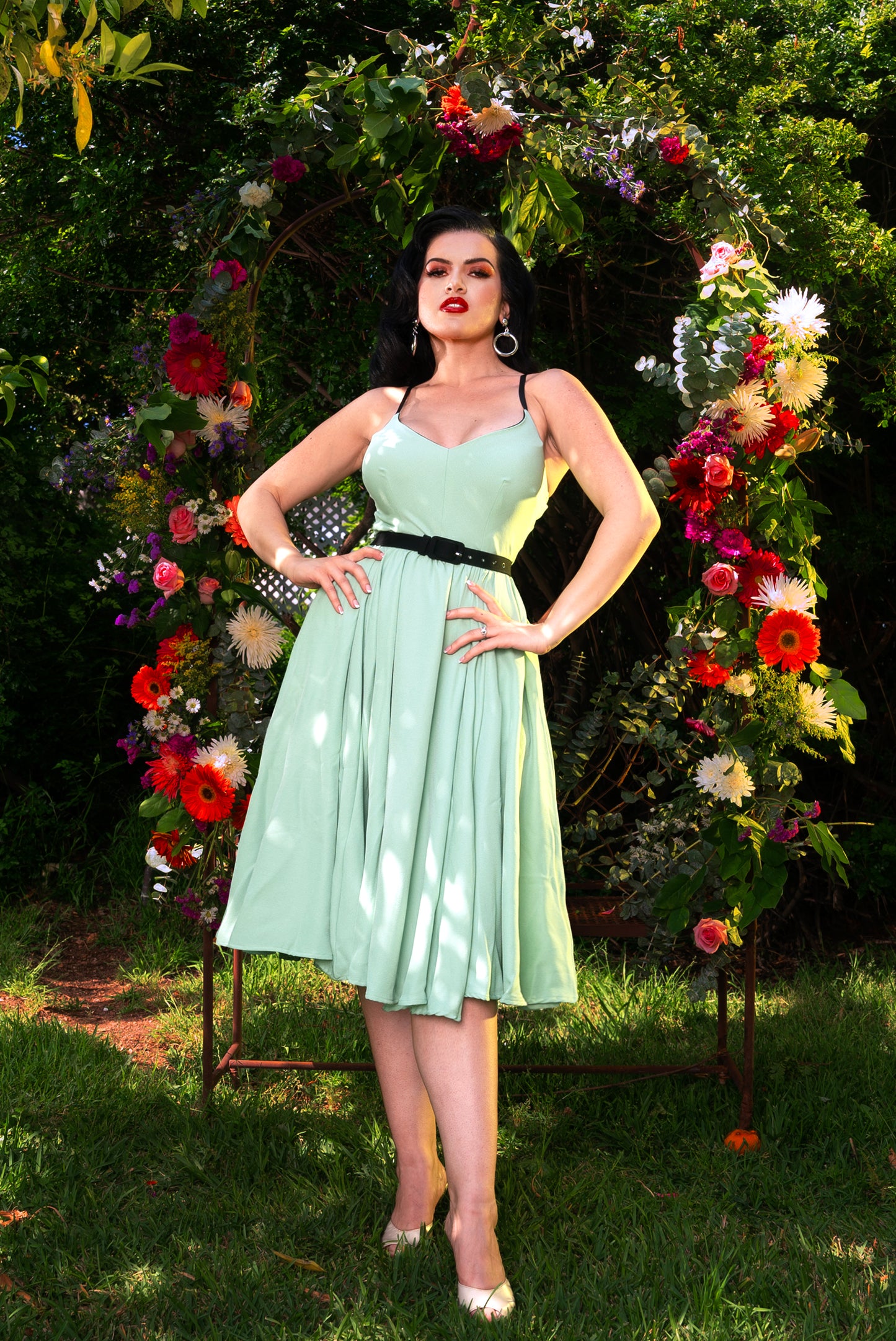 Amalie Ballerina 70's Style Swing Dress in Sage Crepe | Pinup Couture