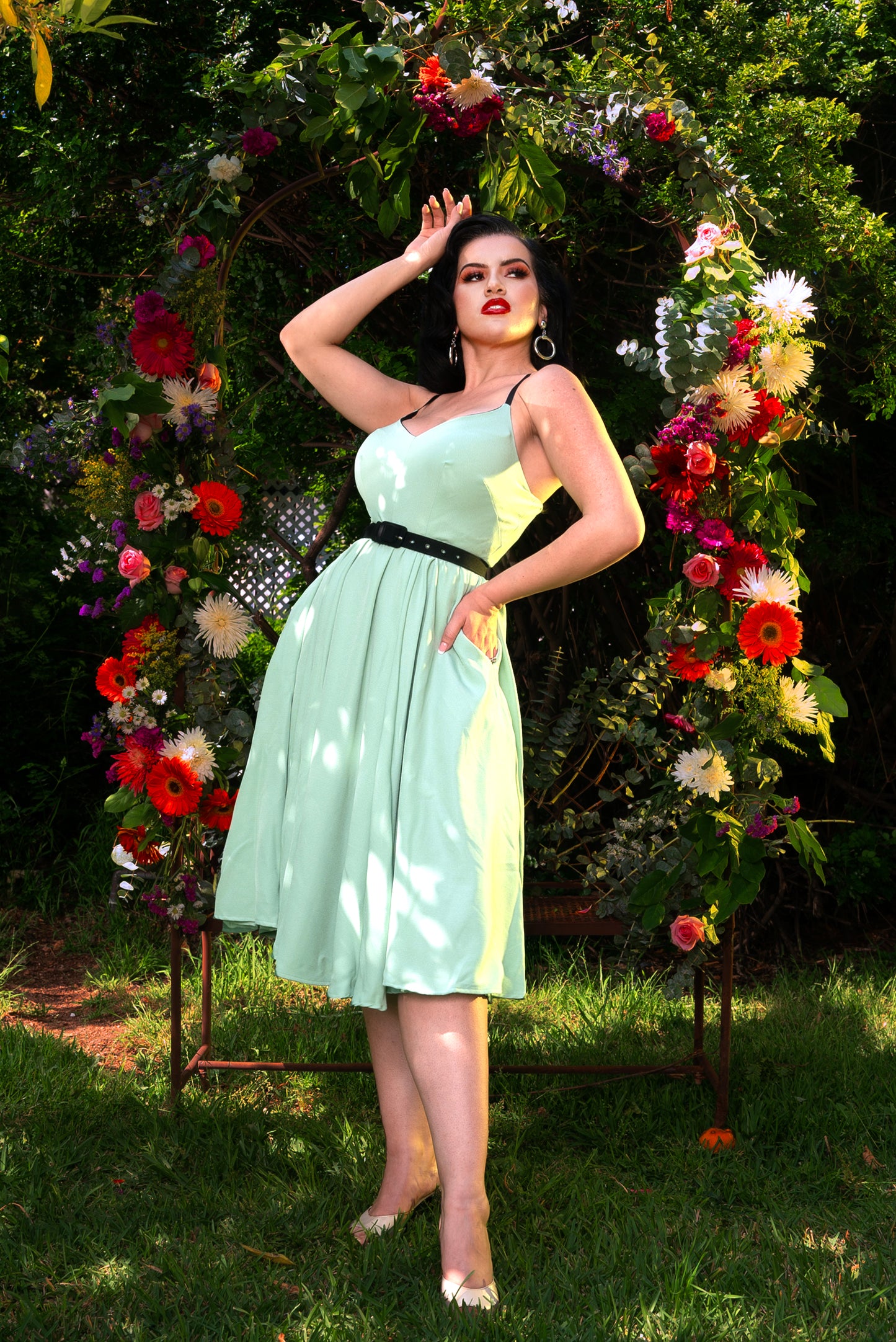OYS - Final Sale - Amalie Ballerina 70's Style Swing Dress in Sage Crepe | Pinup Couture
