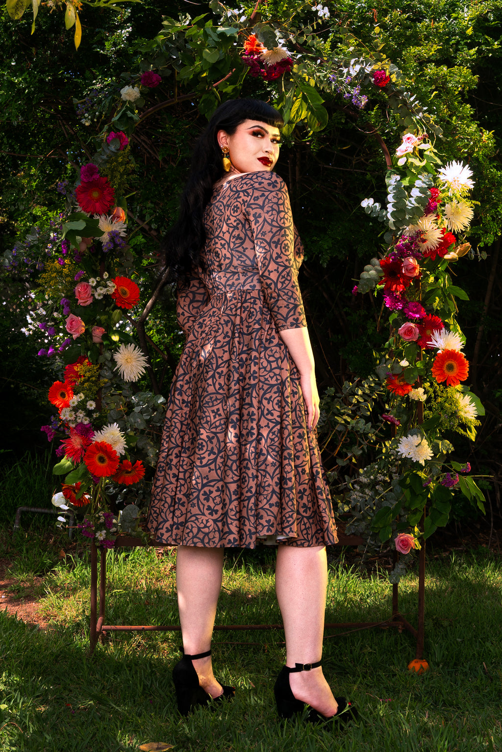 Priscilla Swing Dress in Gold and Black Medallions Print Stretch Twill