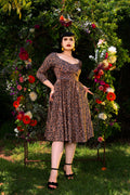 Priscilla Swing Dress in Gold and Black Medallions Print Stretch Twill