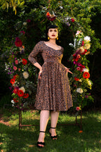 Priscilla Swing Dress in Gold and Black Medallions Print Stretch Twill