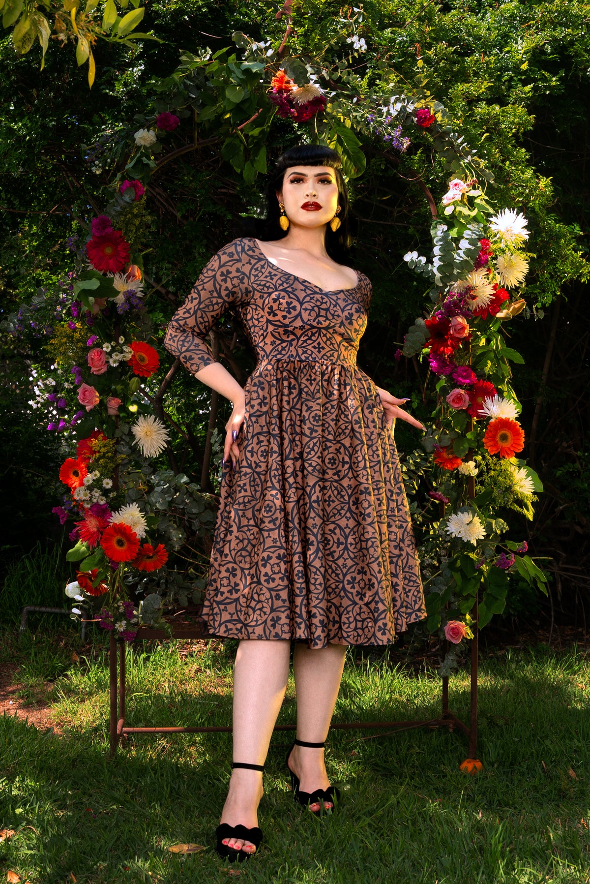 Priscilla Swing Dress in Gold and Black Medallions Print Stretch Twill
