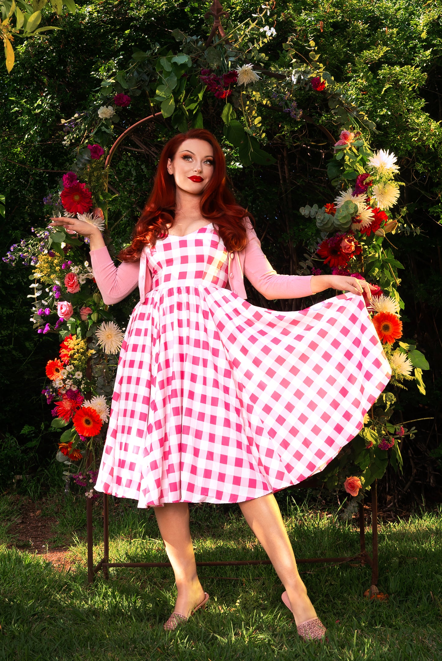 Final Sale - Amalie Ballerina Swing Dress in Pink Gingham Stretch Crepe | Pinup Couture