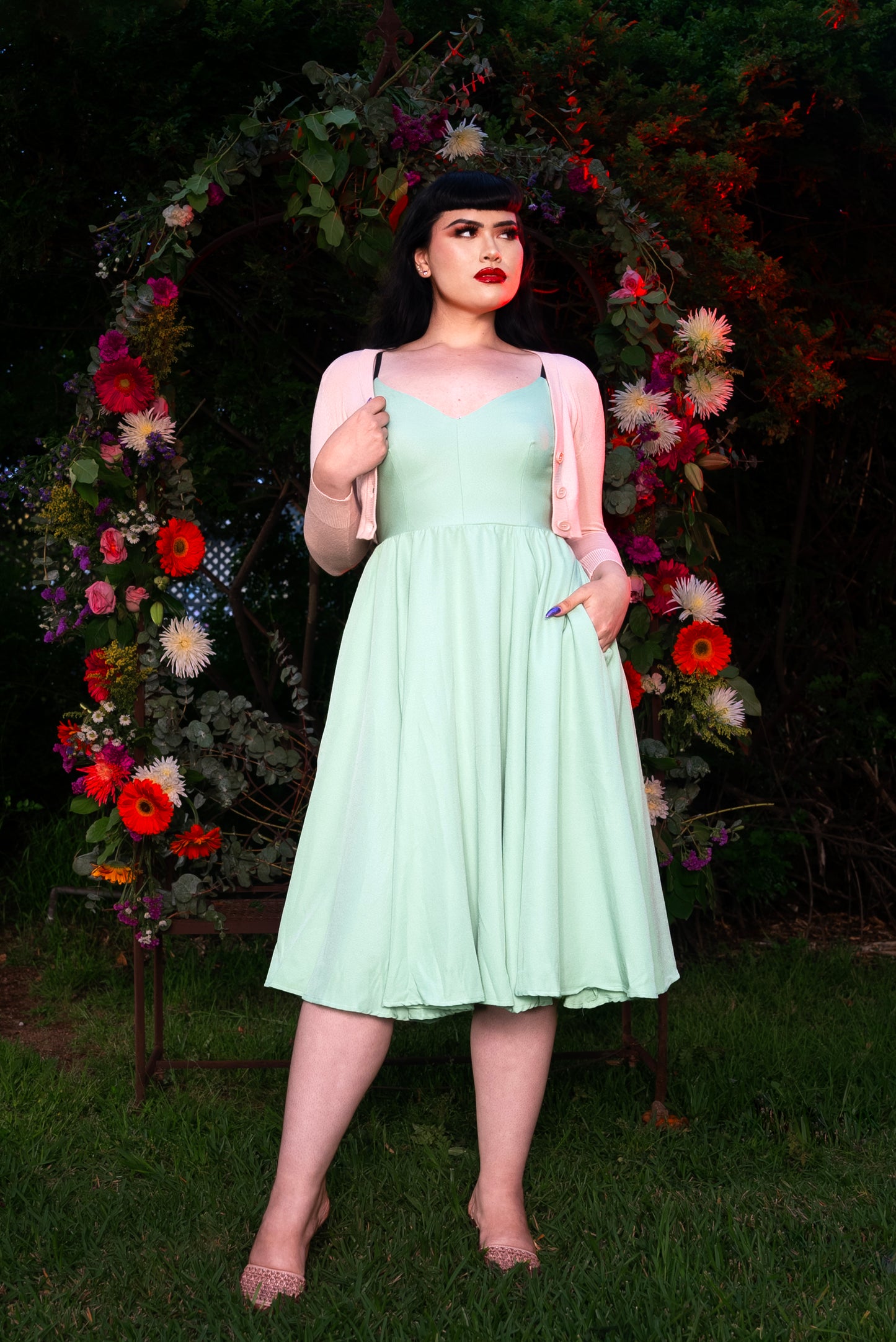 OYS - Final Sale - Amalie Ballerina 70's Style Swing Dress in Sage Crepe | Pinup Couture