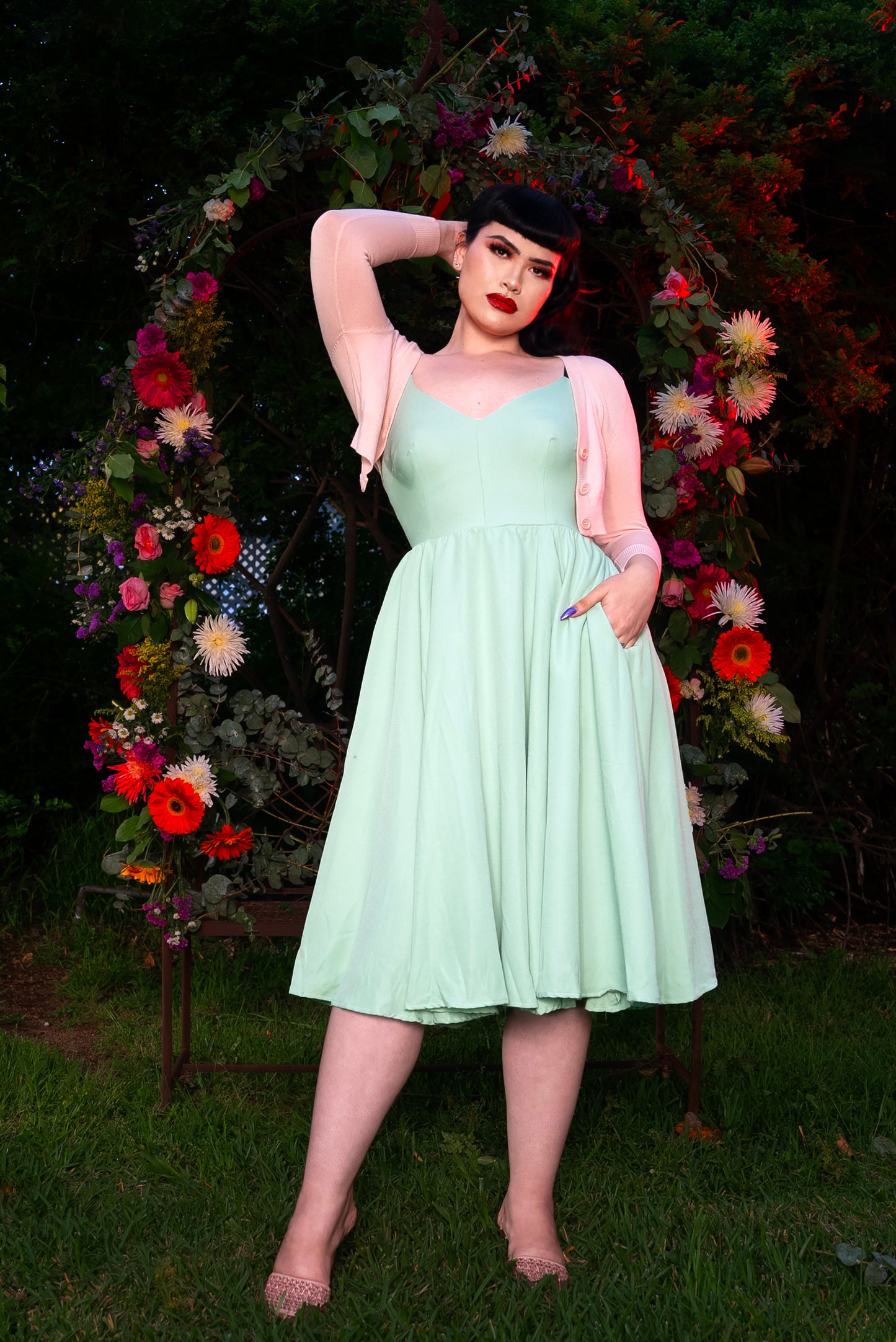 Final Sale - Amalie Ballerina 70's Style Swing Dress in Sage Crepe | Pinup Couture