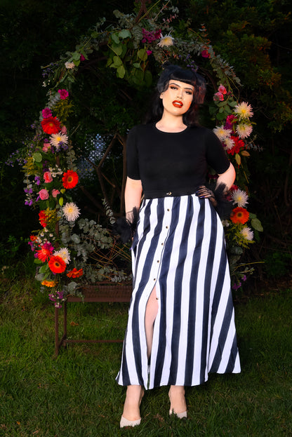 OYS -  Final Sale - Selene Button Front Midi Skirt in Mark Stripe Crepe | Laura Byrnes Design