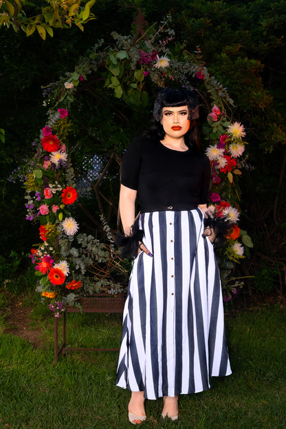 OYS -  Final Sale - Selene Button Front Midi Skirt in Mark Stripe Crepe | Laura Byrnes Design