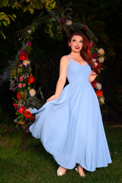 Final Sale - Amalie Ballerina Daytime Maxi Gown in Sky Blue Stretch Crepe | Laura Byrnes