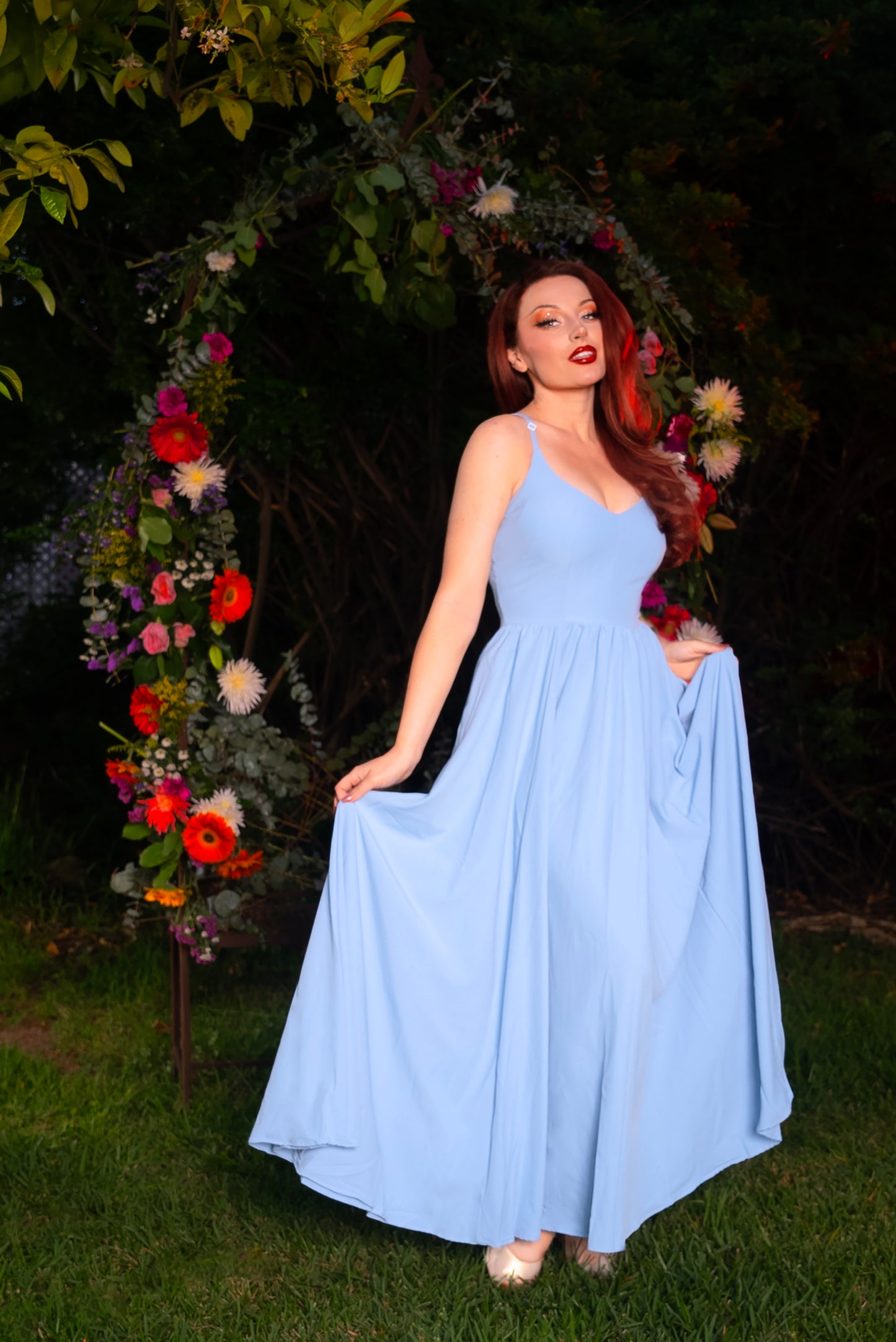 Final Sale - Amalie Ballerina Daytime Maxi Gown in Sky Blue Stretch Crepe | Laura Byrnes