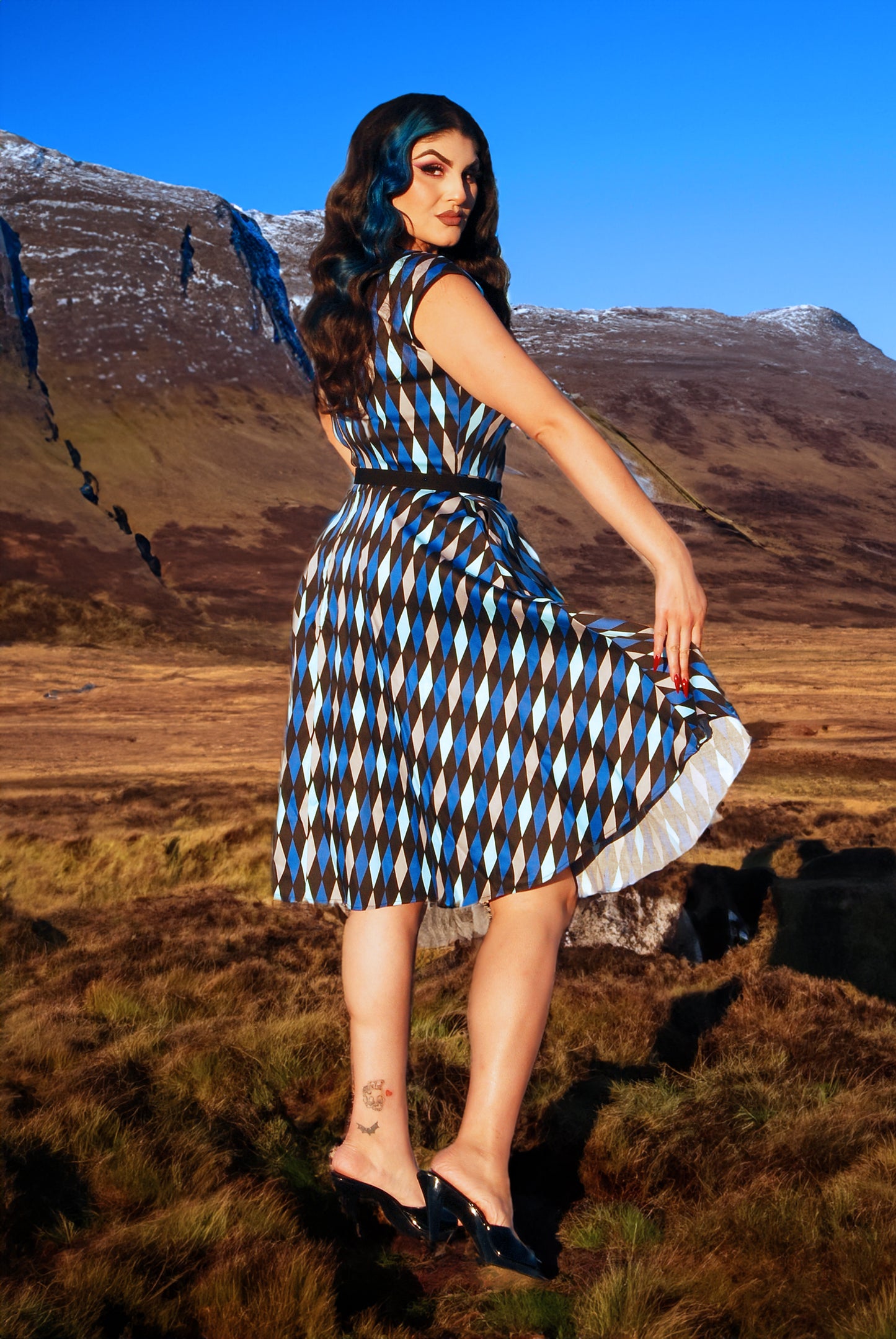 Heidi Dress in Blue House Harlequin | Pinup Couture