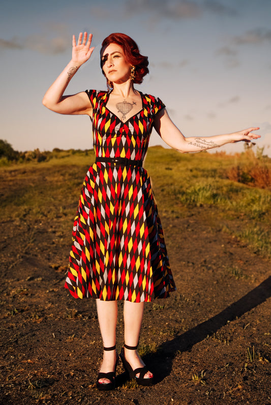 Heidi Dress in Burgundy and Gold House Harlequin | Pinup Couture