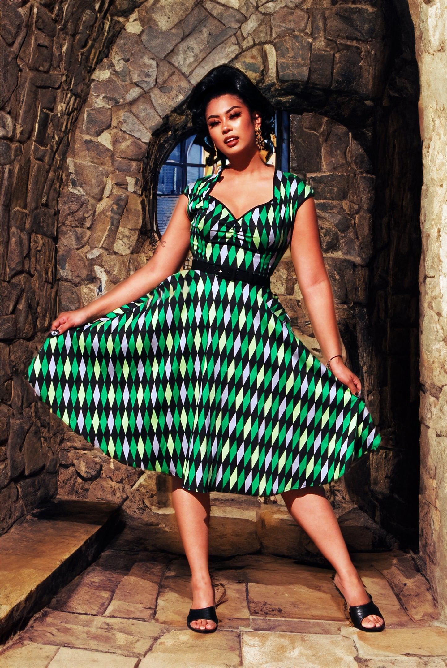 Heidi Dress in Green House Harlequin | Pinup Couture