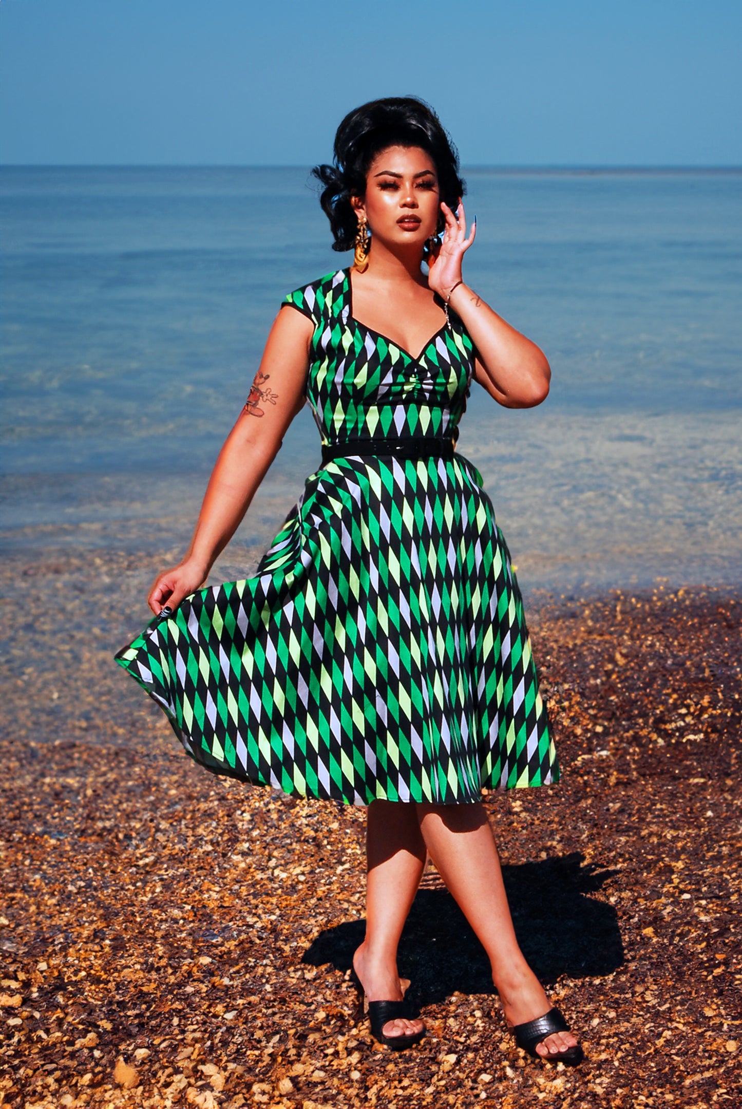 Heidi Dress in Green House Harlequin | Pinup Couture