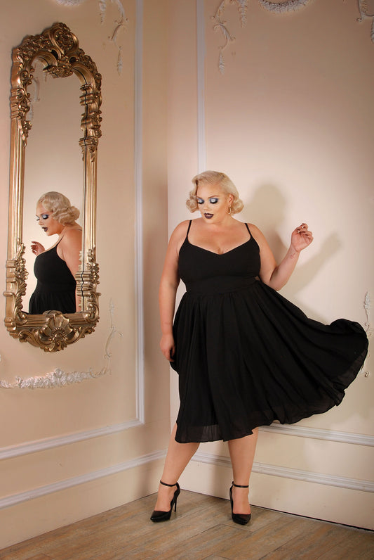 Amalie Ballerina Swing Dress in Solid Black Crepe