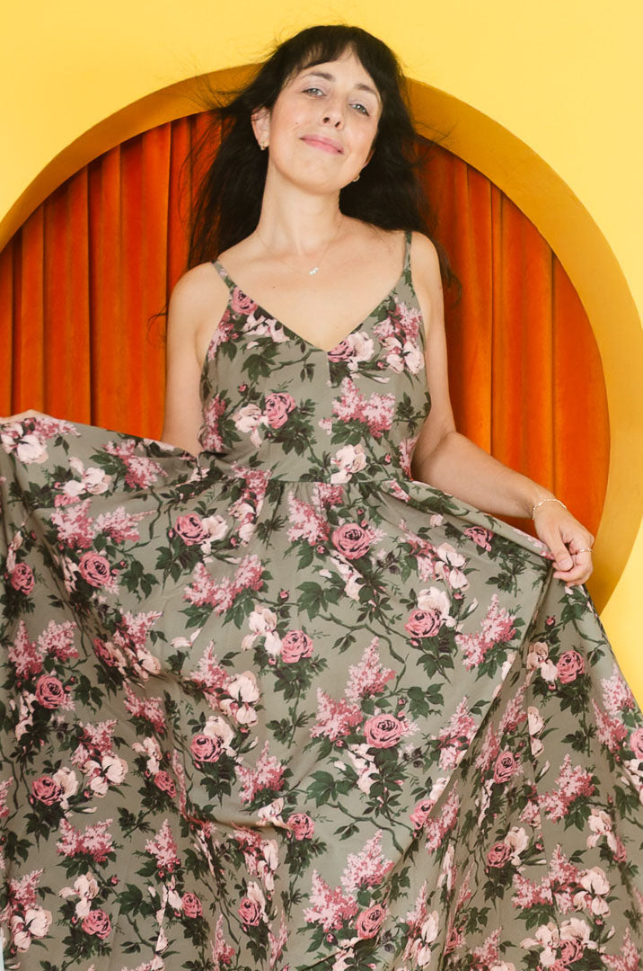 PREORDER - Amalie Daytime Maxi Gown in Green Caledonia Bella Roses Crepe | Pinup Couture