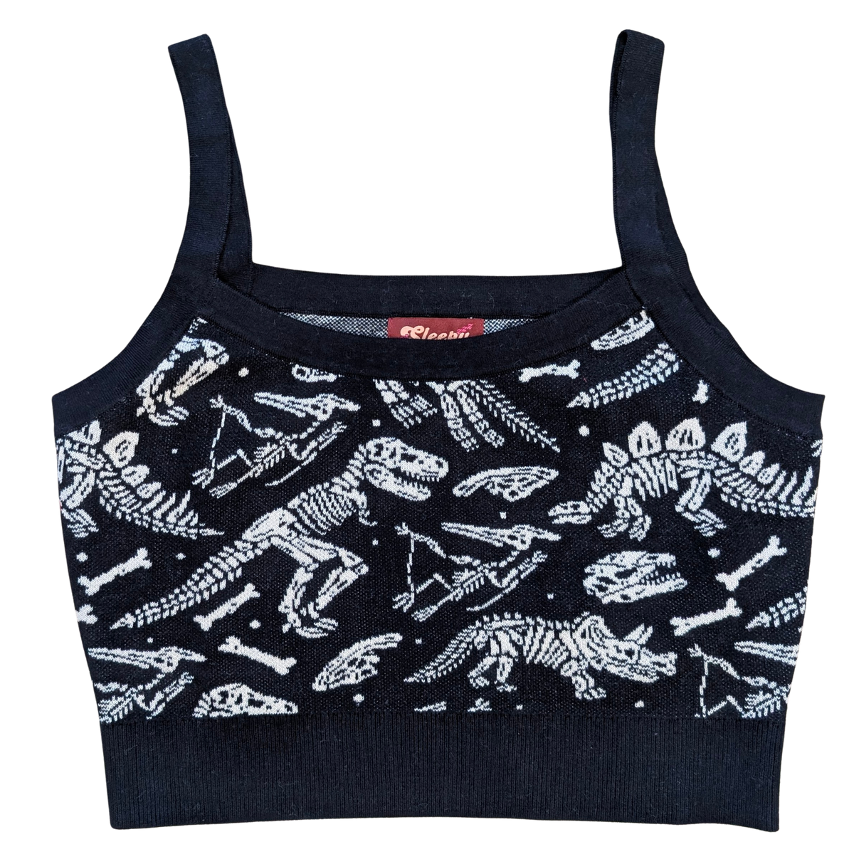 Dinosaur Fossil Crop Top, black with white dinosaur fossil print