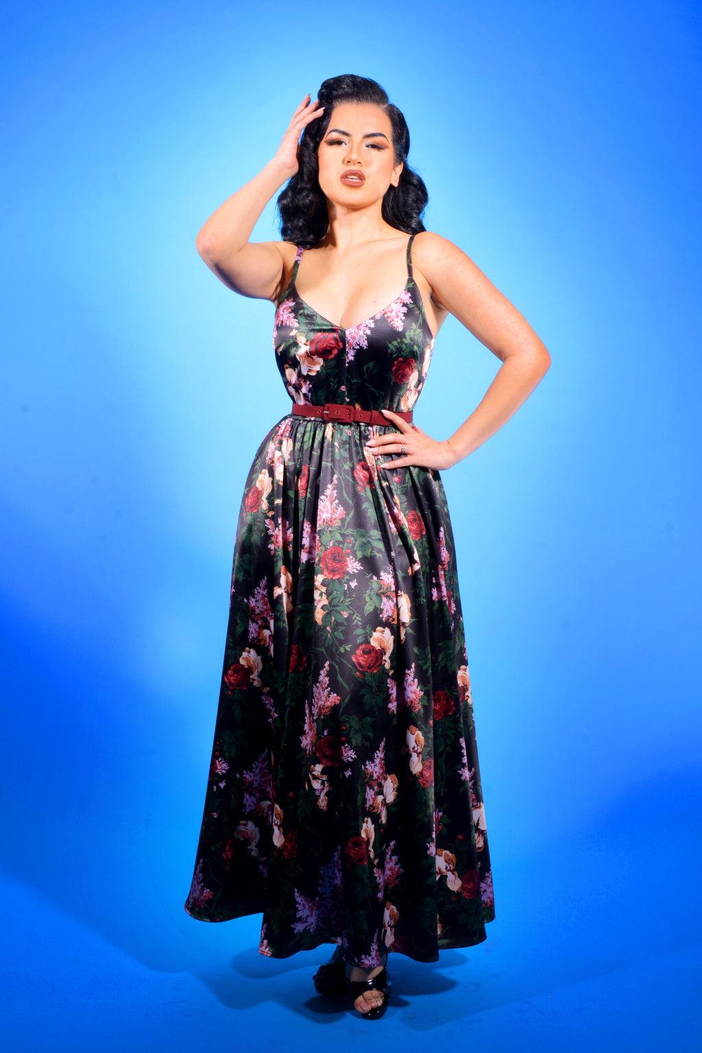Amalie Ballerina daytime maxi gown in the Dark Bella Roses floral print, detail