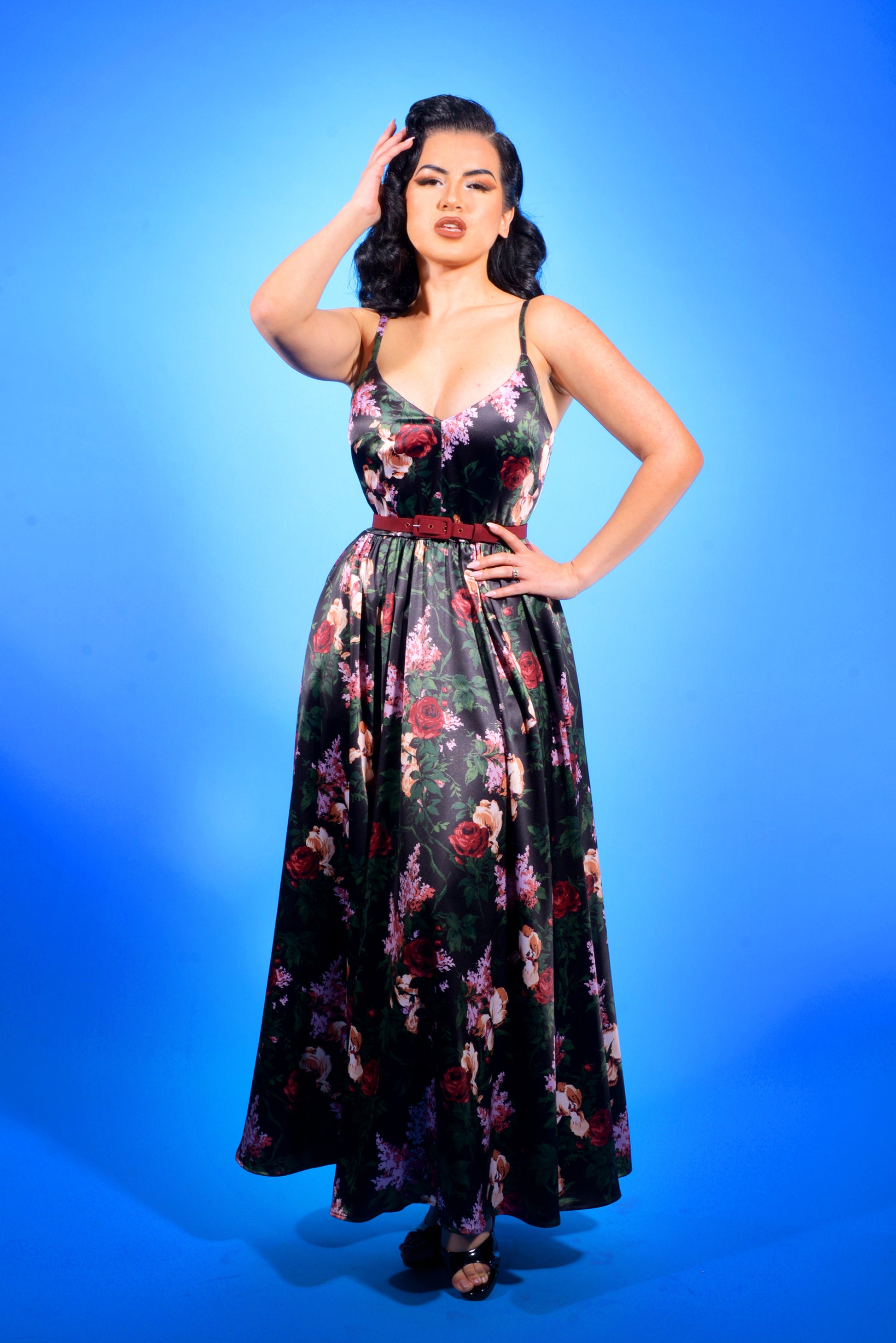 Amalie Ballerina daytime maxi gown in the Dark Bella Roses floral print, detail