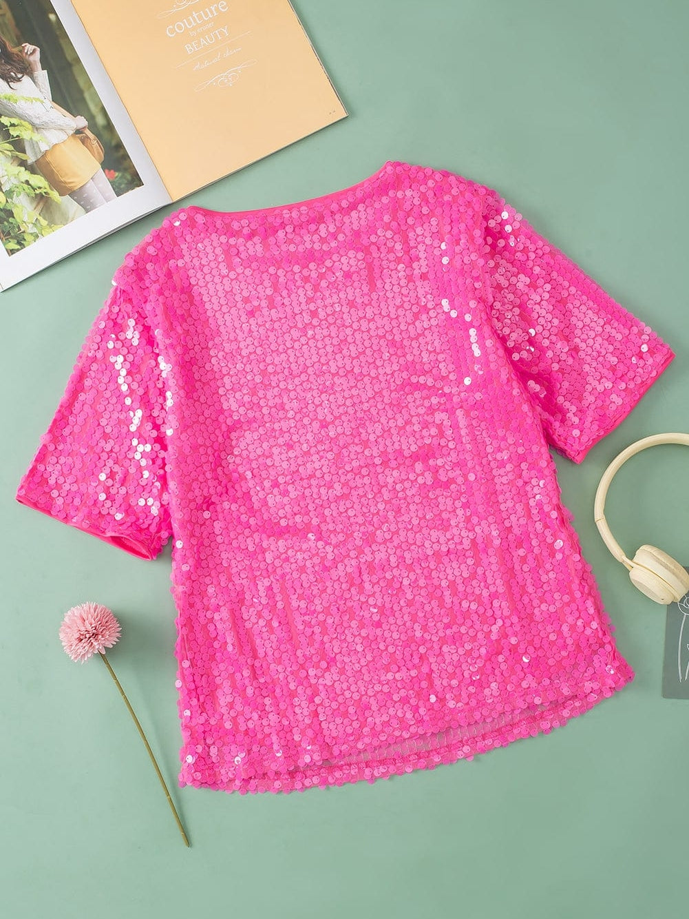 Marie Oversized Half Sleeve Sequin Top in Pink