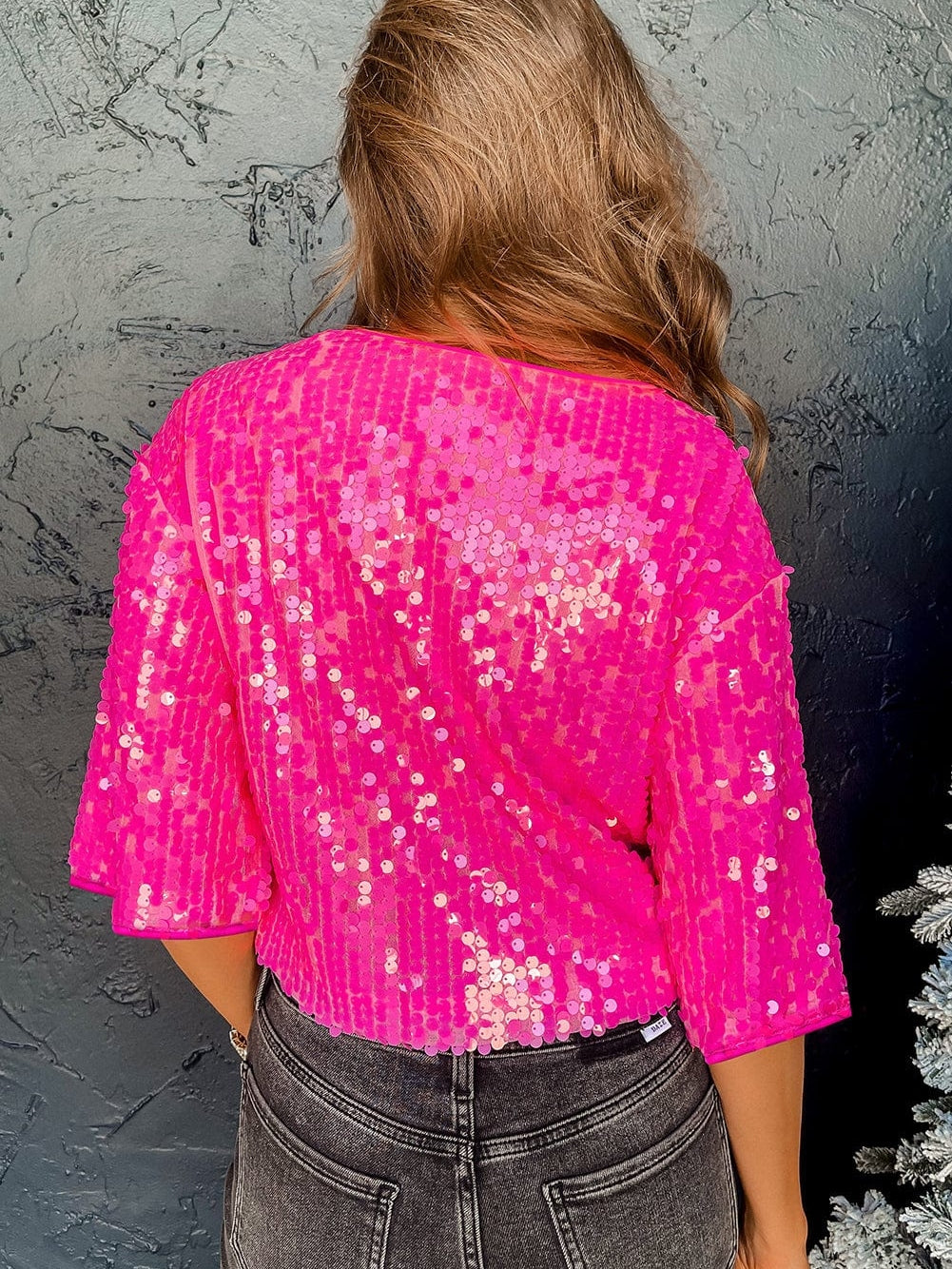 Marie Oversized Half Sleeve Sequin Top in Pink