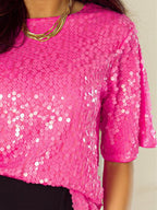 Marie Oversized Half Sleeve Sequin Top in Pink