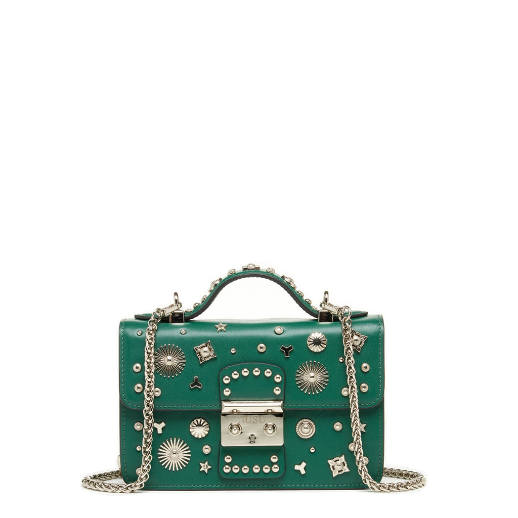 The Hollywood Studded Leather Crossbody Bag Evergreen