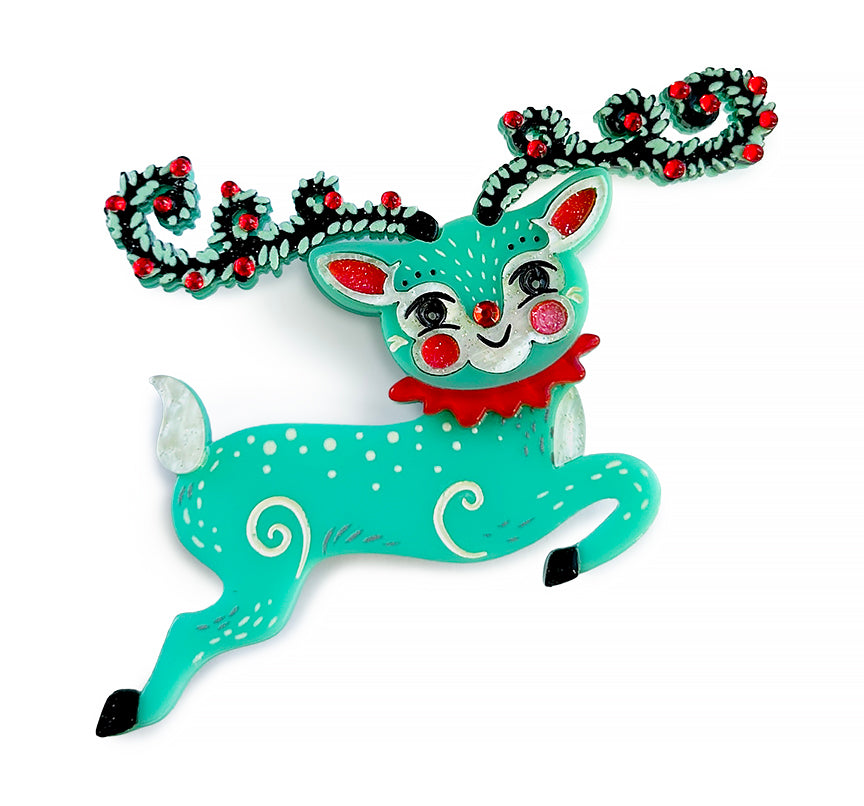 Fawna Fir Top Leaping Reindeer Brooch, leaping Christmas reindeer