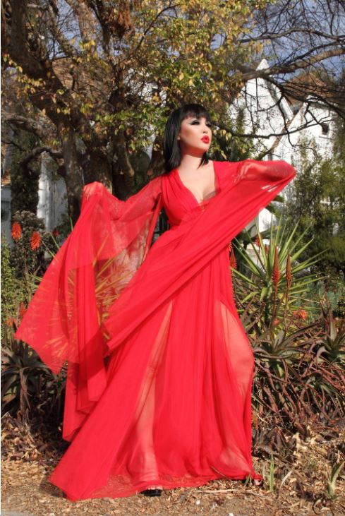 Gothic Glamour Bombshell Maxi Gown in Blood Red with Floor Length Sheer Sleeves