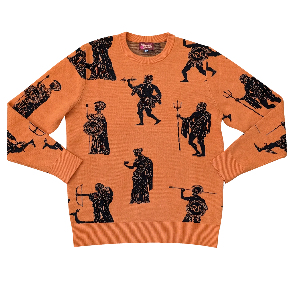 Greek Gods Sweater, orange with allover black Greek gods print
