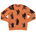 Greek Gods Sweater, orange with allover black Greek gods print