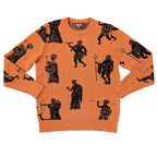Greek Gods Sweater, orange with allover black Greek gods print