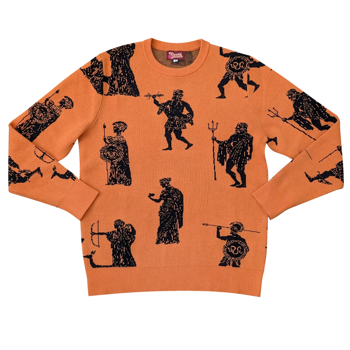 Greek Gods Sweater, orange with allover black Greek gods print