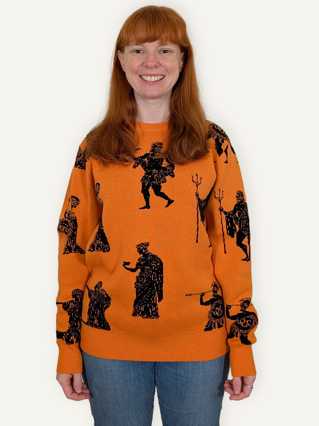 Greek Gods Sweater, orange with allover black Greek gods print (view 2)