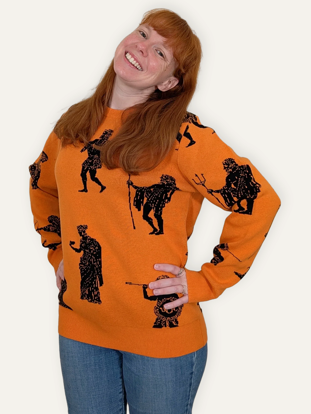 Greek Gods Sweater, orange with allover black Greek gods print (view 4)