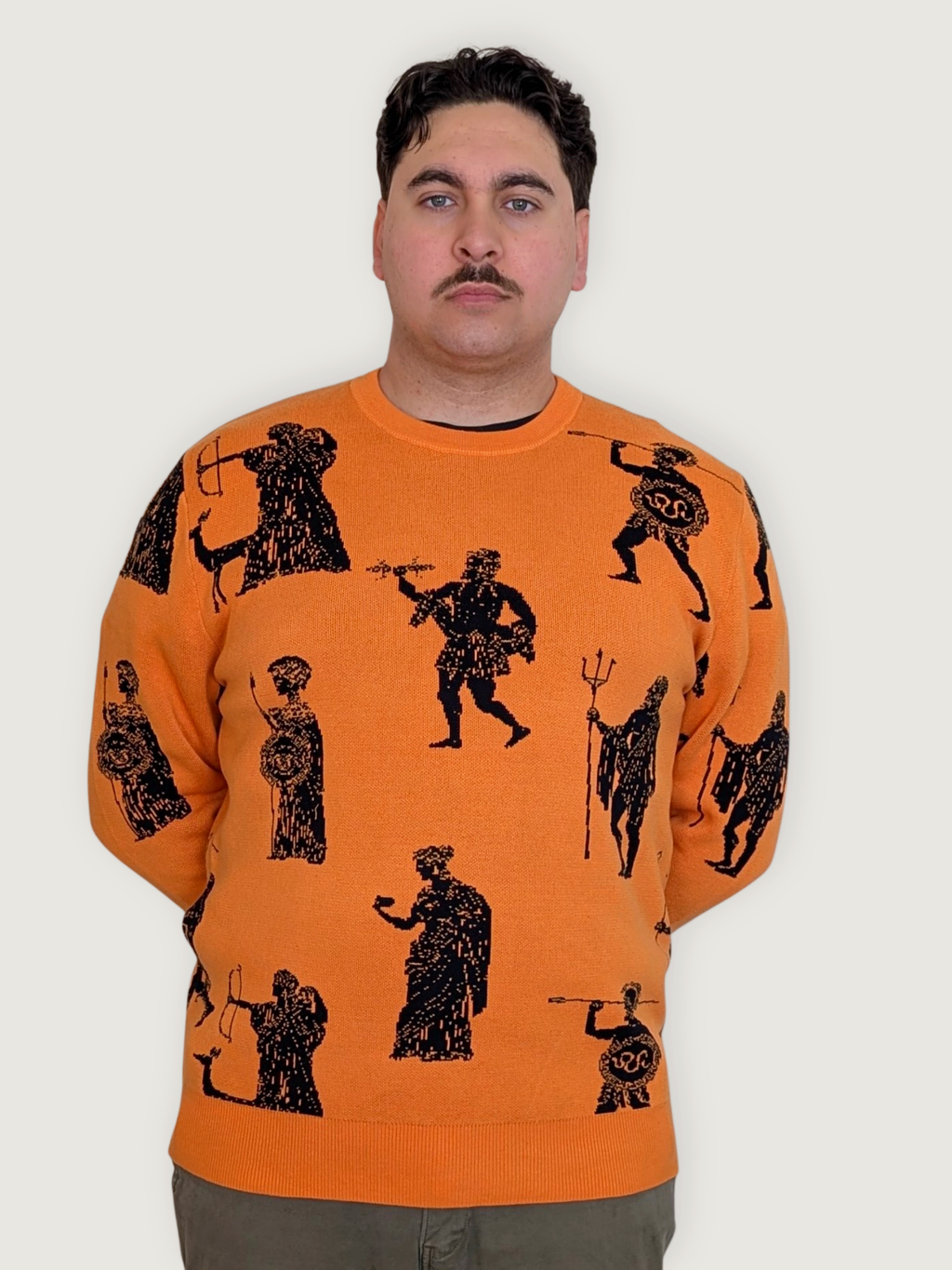 Greek Gods Sweater, orange with allover black Greek gods print (view 3)