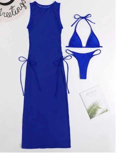 Three-piece swimsuit and cover-up in navy by Pinup Girl Clothing.