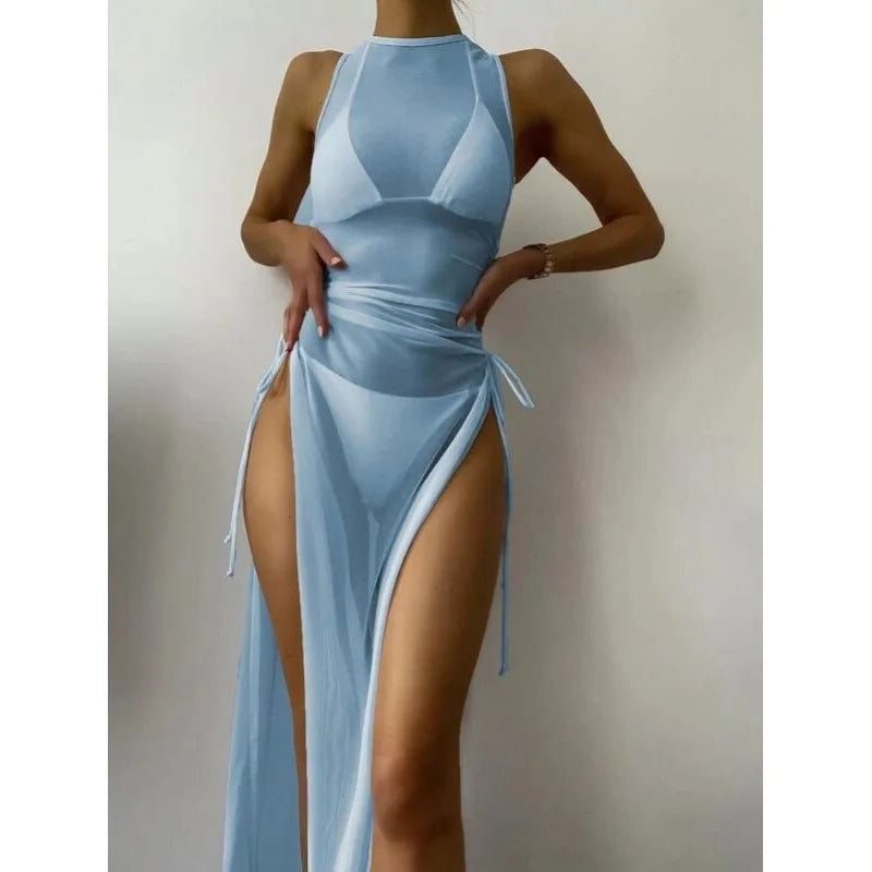 Three-piece swimsuit and cover-up in blue by Pinup Girl Clothing.