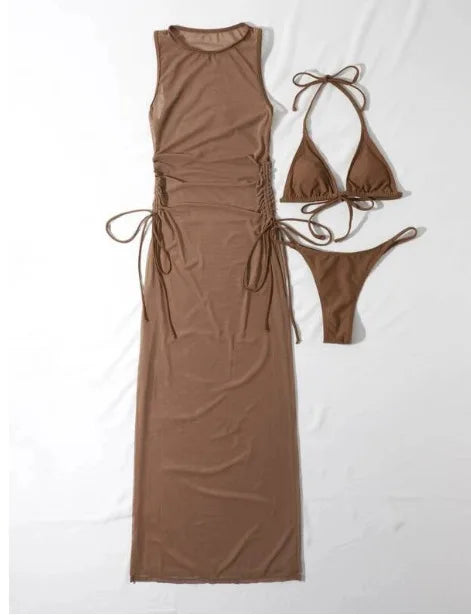 Three-piece swimsuit and cover-up in brown by Pinup Girl Clothing.