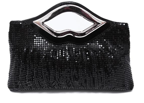 Sequin evening clutch shown with its slim chain shoulder strap
