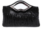 Sequin evening clutch shown with its slim chain shoulder strap