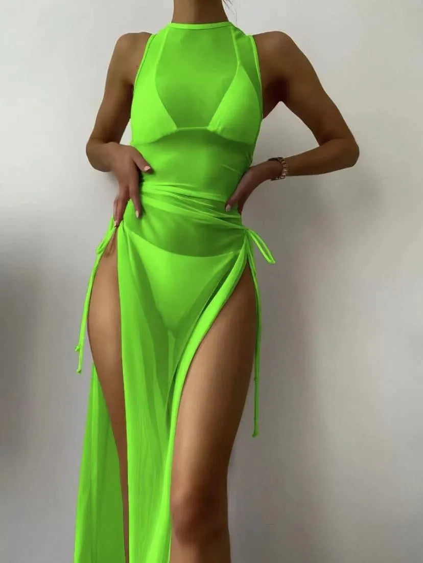 Three-piece swimsuit and cover-up in green by Pinup Girl Clothing.