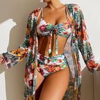 Floral three-piece bikini and cover-up set by Pinup Girl Clothing, six prints, sizes S to 3XL.