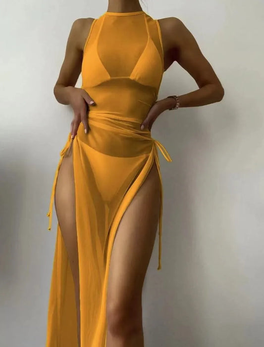 Three-piece swimsuit and cover-up in yellow by Pinup Girl Clothing.