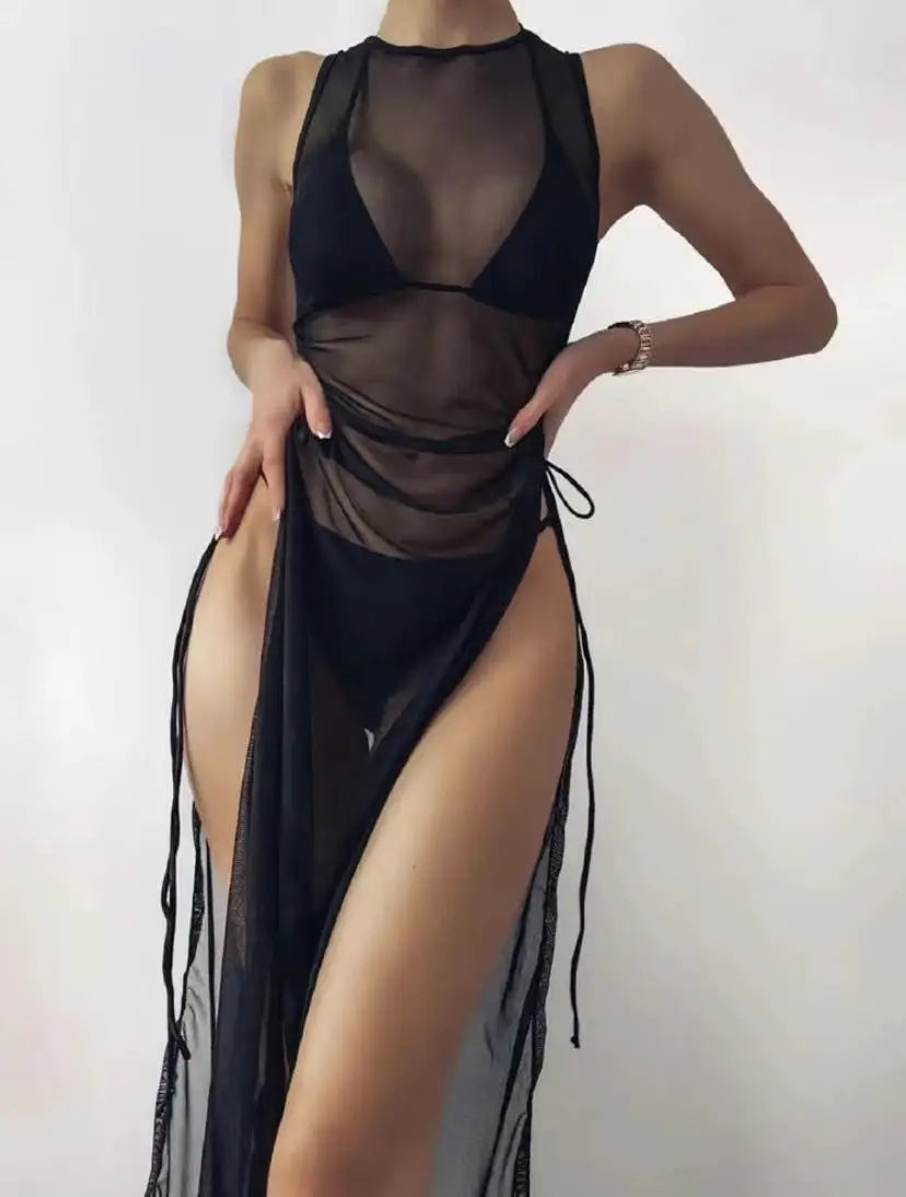 Three-piece swimsuit and cover-up in black by Pinup Girl Clothing.