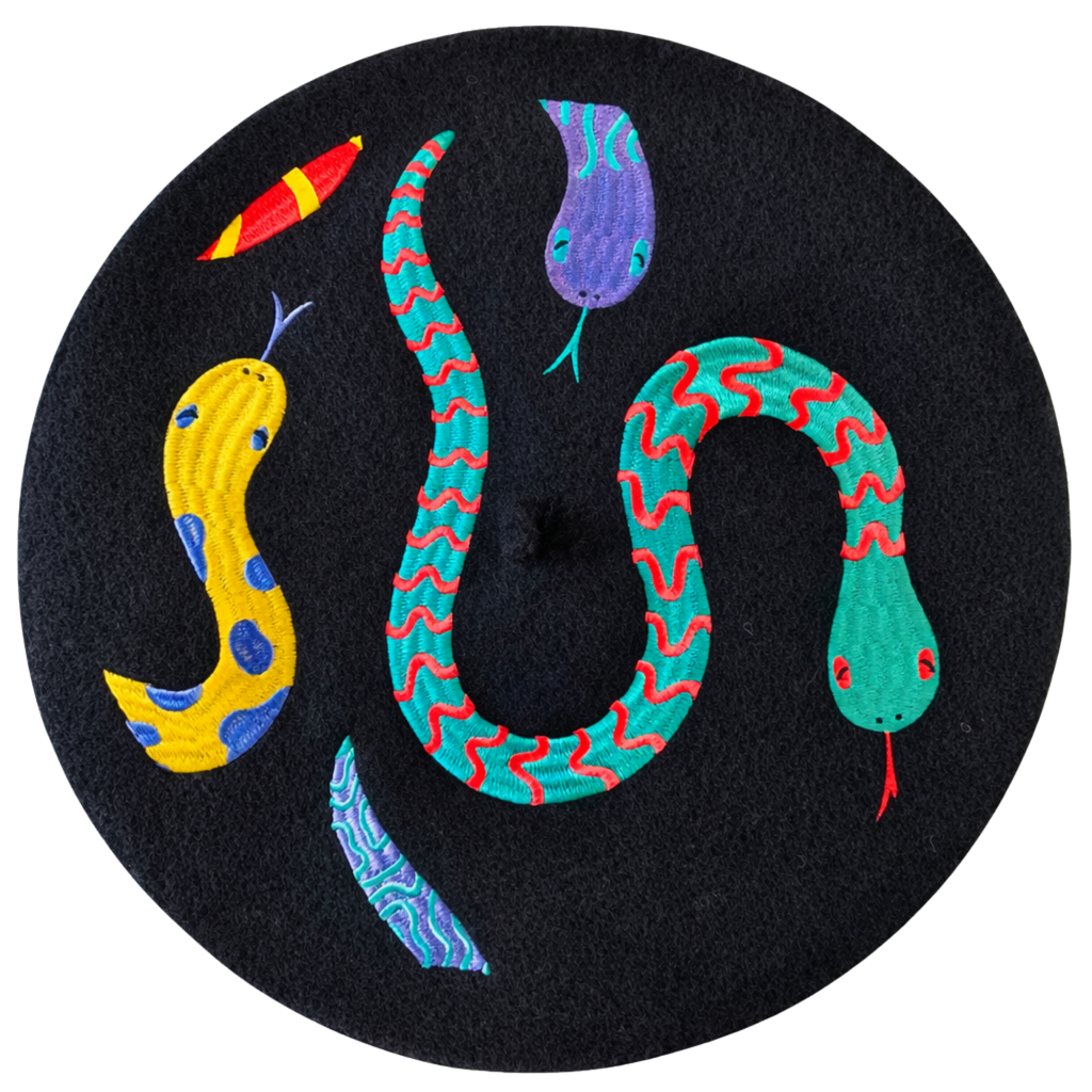 Hissy Fit Beret, black wool with colorful embroidered snakes