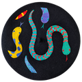 Hissy Fit Beret, black wool with colorful embroidered snakes