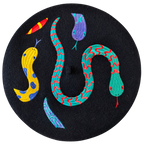 Hissy Fit Beret, black wool with colorful embroidered snakes