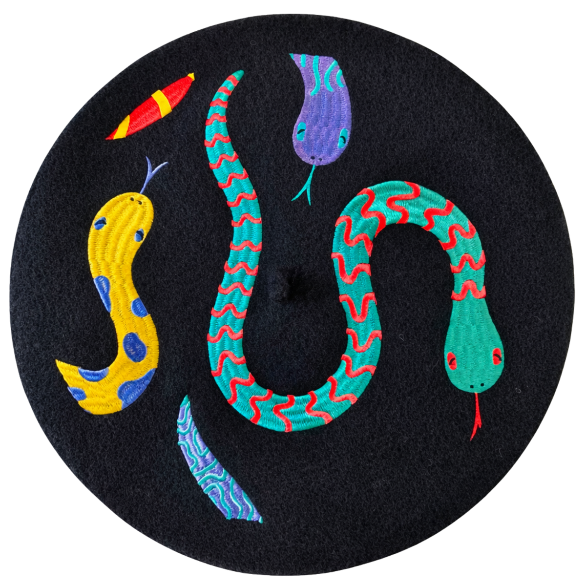 Hissy Fit Beret, black wool with colorful embroidered snakes